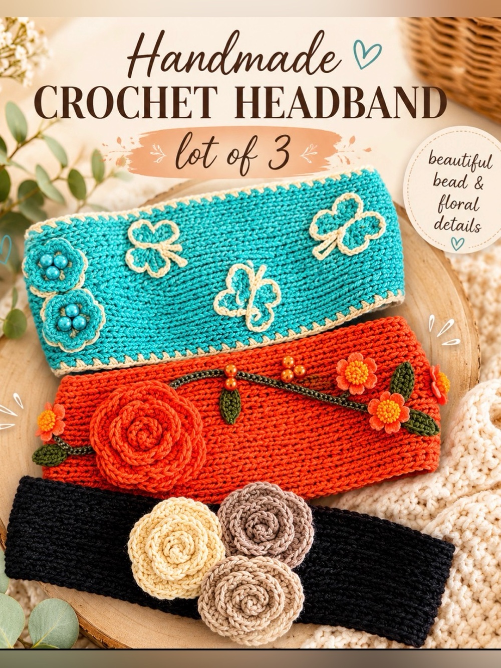 Crochet Headband Lot Handmade Beaded Flower Clover Boho Accessories